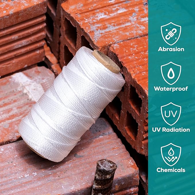 Mason Line String 1.3mm Thick Twisted Polypropylene – Durable Construction Twine for Laying Bricks, Blocks, Fences in Gardening, DIY & Landscaping Projects (White, 393 Ft x 6 Pcs)
