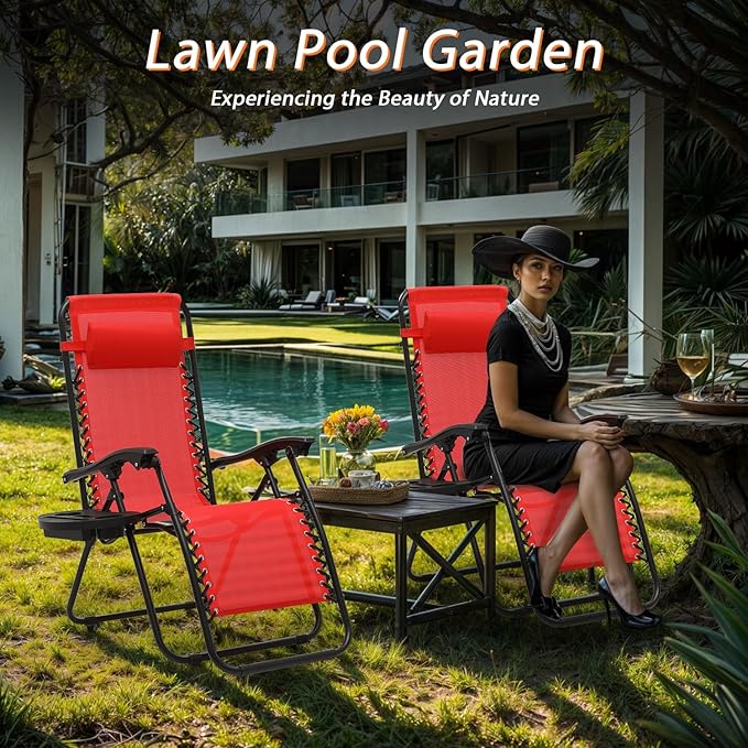 Zero Gravity Chairs, Portable Folding Reclining Lounge Chairs with Adjustable Pillow and Cup Holder Trays for Outdoor, Patio, Beach, Camping, Garden, Poolside, Set of 2 Sun Red