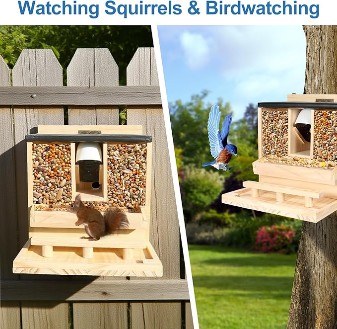 Squirrel Feeder with Camera Solar Powered：2.5K HD Wireless samrt Squirrel Picnic Table Feeders with Camera for Outside Funny Squrrill Nuts Bar,Wooden Chipmunk Box House for Peanuts Corn