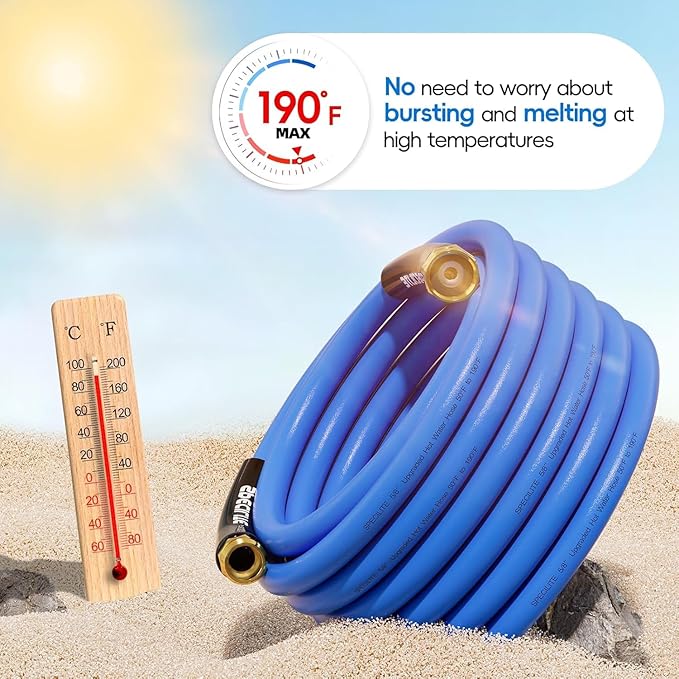 SPECILITE Hot/Cold Garden Water Hose 150 ftx 5/8 in, -50℉ To 190℉, Heavy Duty, Flexible, Burst 605 Psi, Lightweigh, Upgraded Rubber Pipe with 3/4" Brass Fittings For Backyard, Outdoor, Farm, Blue