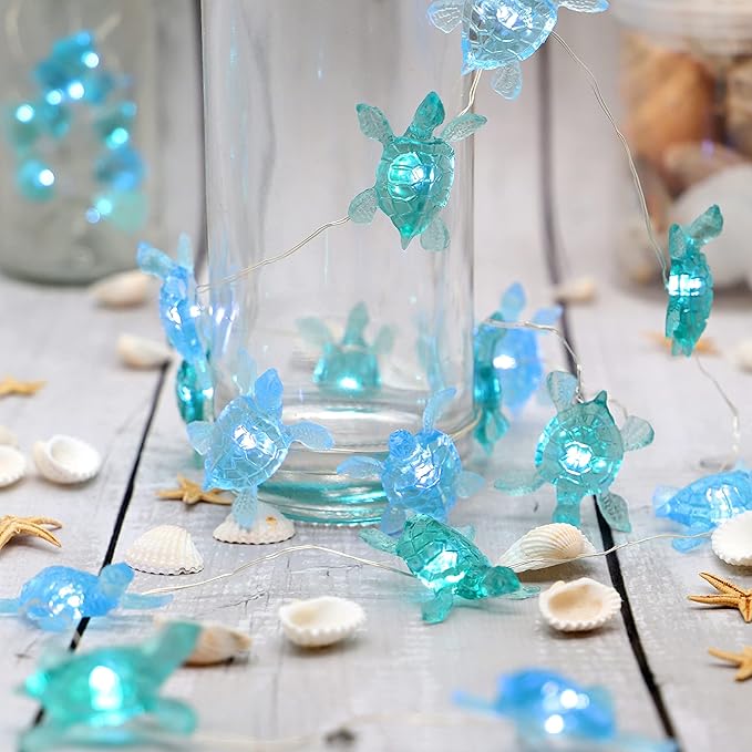 Blue Sea Turtle String Lights Battery Powered Summer Beach Decor with Remote Acrylic Sea Turtle Decor for Bathroom Shower Curtain