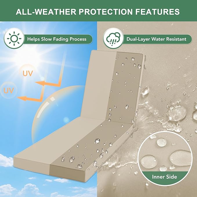 Chaise Lounge Cushions Outdoor Set of 2 - Waterproof and Fade Resistant Sun Lounger Replacement Cushion - Patio Lounger Pads with Removable Cover for Pool, Deck, Lawn, 80 x 26 x 3 Inch, Cream