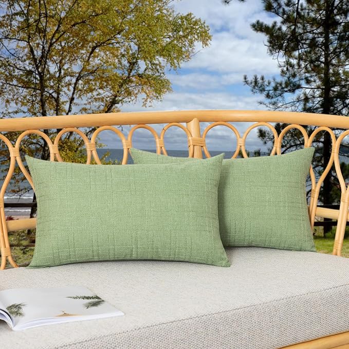 Kevin Textile Outdoor Waterproof Lumbar Pillow Covers 12x24 Inch Pack of 2 Checkered Decorative Rectangle Cushion Throw Pillowcases Shell for Patio Tent Garden Couch Bed Sofa Sage Green