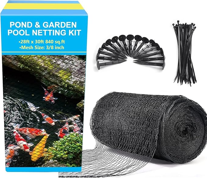 Pond Netting, 28 x 30FT Pond Net for Koi Ponds, Garden Pool Fine Mesh Pond Netting Cover for Leaves, Protects Koi Fish from Birds Cats Predators, with 14 Stakes and 30 Cable Zip Ties