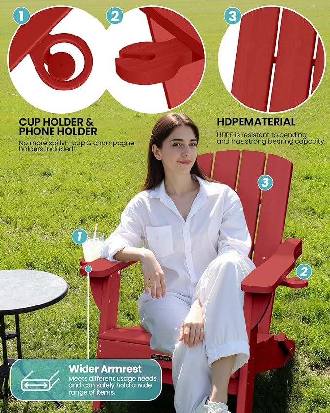 Folding Adirondack Chair, HDPE All-Weather Fire Pit Chairs, Plastic Adirondack Chairs with 2 Cup Holder, Outdoor Lawn Chair for Patio Garden (Red)