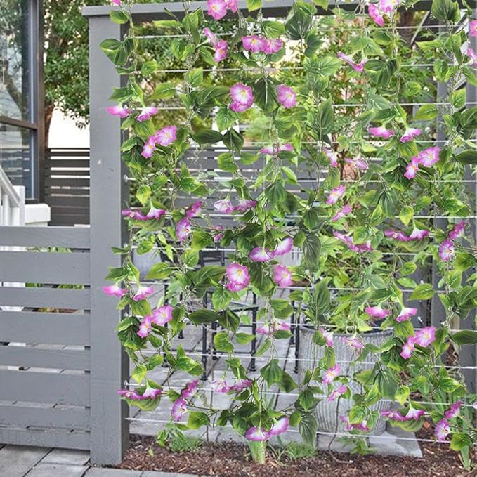 GTIDEA 2Pcs Artificial Vines,15Feet Morning Glory Hanging Plants Silk Garland Fake Green Plant Home Garden Wall Fence Stairway Outdoor Wedding Hanging Baskets Decor Purple