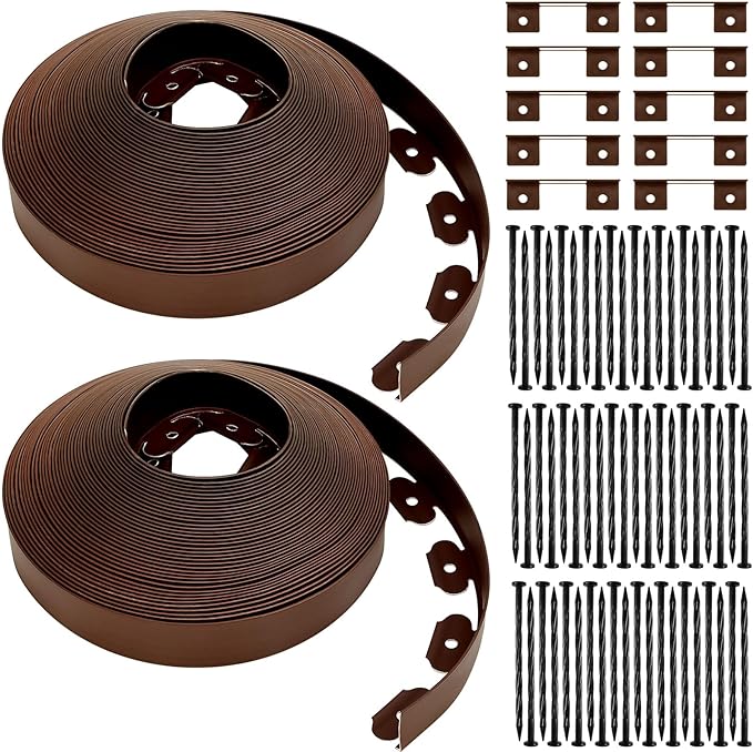 Sasylvia 2'' x 200' Landscape Edging Kit Edging Border Coil Include 120 Anchoring Spikes 10 Connectors Plastic Garden Border for Lawn Garden Grass Yard Home(Brown)