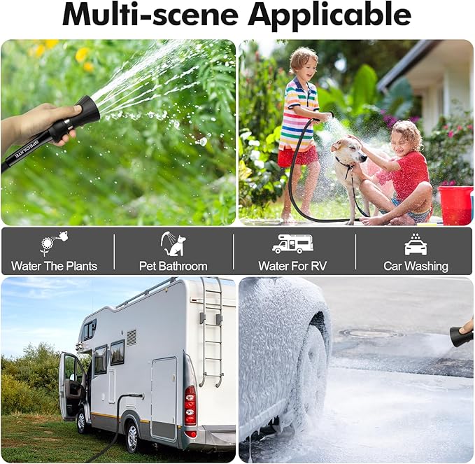 SPECILITE 5/8" Garden Hose 50 ft with High Flow Nozzle, Heavy Duty Flexible Hybrid Rubber Water Hose for Outdoor, Lightweight, Leak-Proof, No-Kink, 3/4"Stainless Steel Fittings,Black