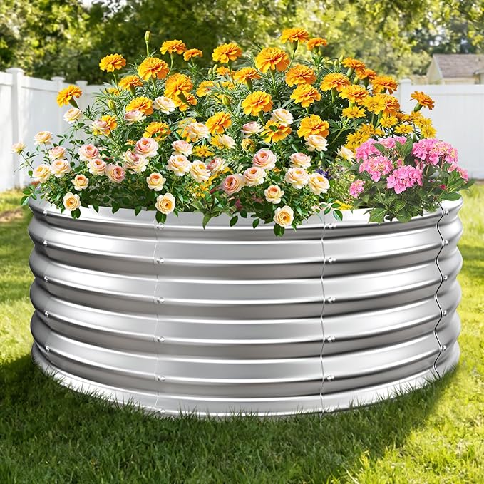 16 Inch Tall Heavy-Duty Round Steel Rised Garden Bed – Wave-Shaped Design Galvanized Metal Planter Box for Vegetables Flowers Succulent at Patio/Garden Outdoor (Silver, 40" Diameter X 16" Tall)