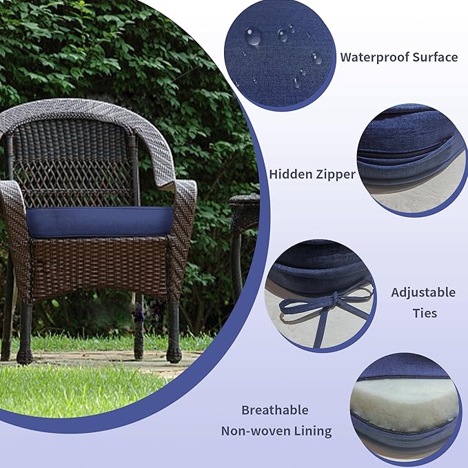 17"x 16"x 3" Patio Chair Cushions Set of 2, Waterproof Outdoor Chair Cushions, Patio Seat Cushion with Adjustable Ties, Blue