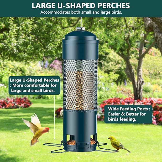 LCSEVEN Bird Feeders for Outdoors Squirrel Proof with Weight-Activated Perches, Hanging Bird Feeder for Outside, Metal Feeder for Wild Cardinal, Finch, Blue Jay, Chickadee, 3LB Seed Capacity, Green