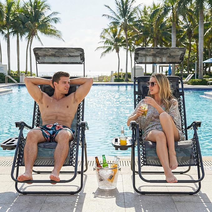 Magshion Zero Gravity Lounge Chairs with Canopy Set of 2, Outdoor Foldable Patio Reclining Chair, Adjustable Anti-Gravity Recliners with Headrest, Folding Lounger for Lawn Camping Beach, Camouflage