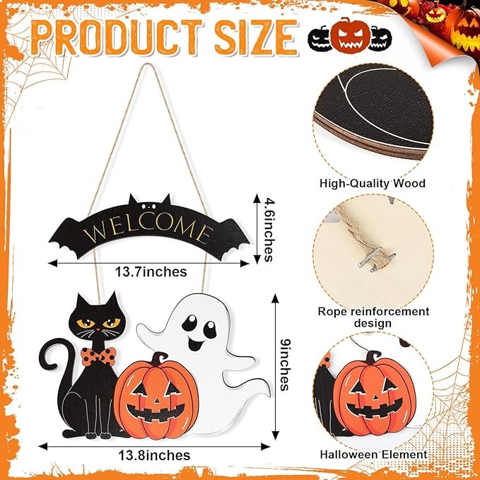 Halloween Decoration Wooden Ghost Door Halloween Wreath for Front Door Sign Wall Signs Decor, Pumpkin Black Cat Wreaths Sign Hanging for Home Wall Decor Outdoor Indoor Farmhouse Party Supply