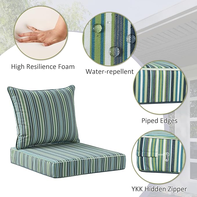 Sunbrella Outdoor Patio Chair Cushions Set, 24" x 24", Set of 2, Water-Repellent, Fade Resistant, Deep Seat Cushion for Backyard, Couch, Sofa and Patio Furniture, Troupe Caribbean