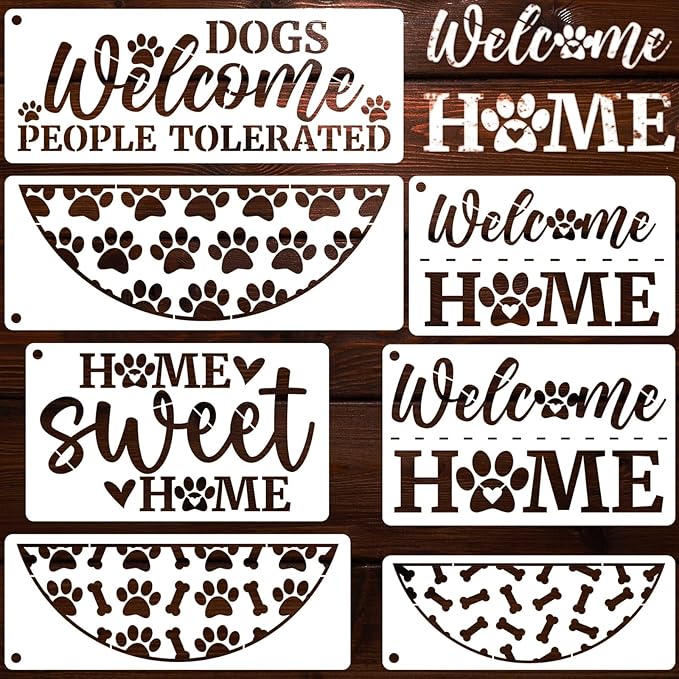 YKW Dog Welcome Stencils 7 Pack Large, Pet Home Decor Templates for Painting Door Mats Wood Signs Paw Print DIY Crafts Dog Lovers
