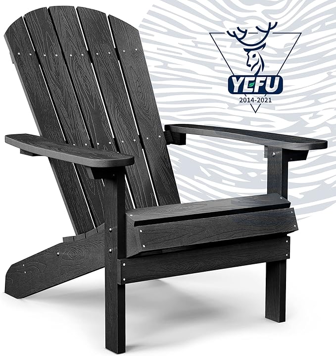 YEFU Adirondack Chair Weather Resistant: Outdoor Chair HIPS Plastic Adirondack Chairs - Patio Chairs with Wood Texture - Lawn Fire Pit Deck Porch Garden Chairs for Adults (Black)
