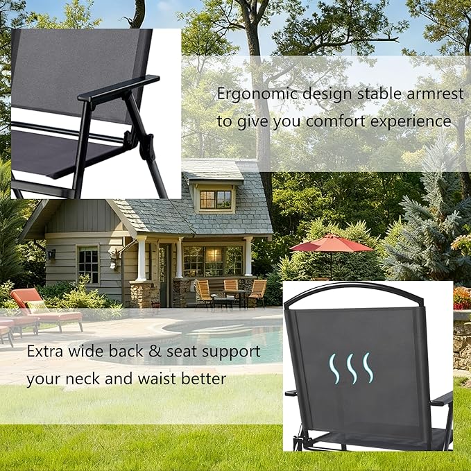 Outdoor Folding Patio Dining Chairs Set of 2 With Armrest Heavy-Duty Lightweight Protable Foldable Patio Sling Chair for Garden Lawn Poolside Backyard Deck Bistro Balcony Sillas Furnitures(2, black)
