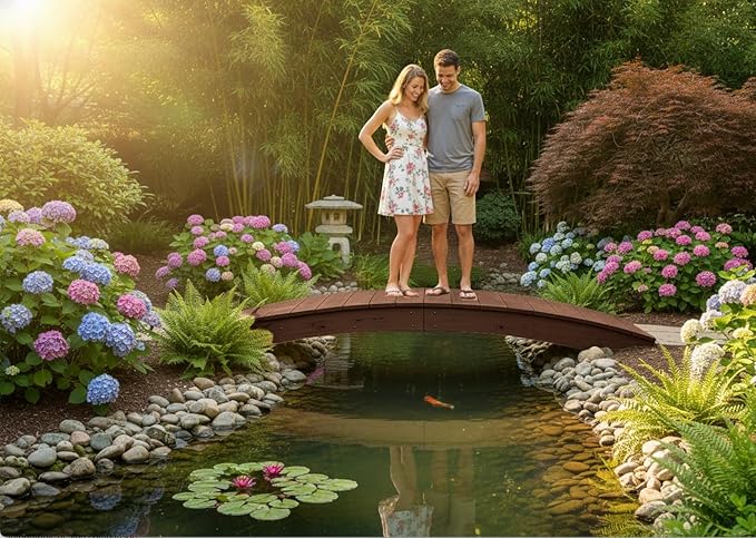 8 FT WALNUT Amish Made Pinewood Heavy Duty Garden Bridge for Walkway, Backyard Pond & Landscaping, Outdoor Wooden Footbridge for Koi Pond, Japanese Style Decorative Bridge, Made in USA