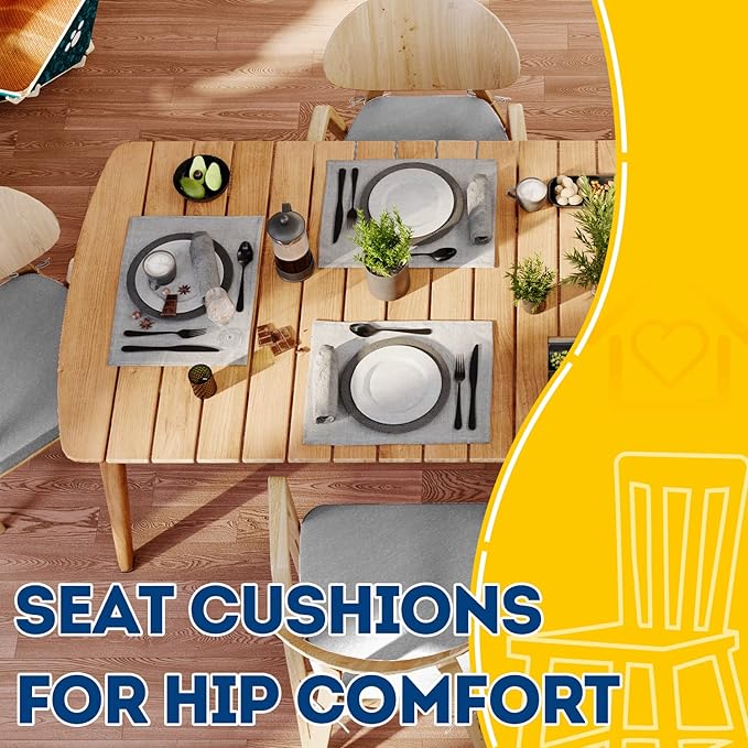 AAAAAcessories D-Shaped Chair Cushions, 2" Thick Dining Chair Pads with Ties and Removable, Machine-Washable Cover, 17" x 16", Set of 8, Light Gray