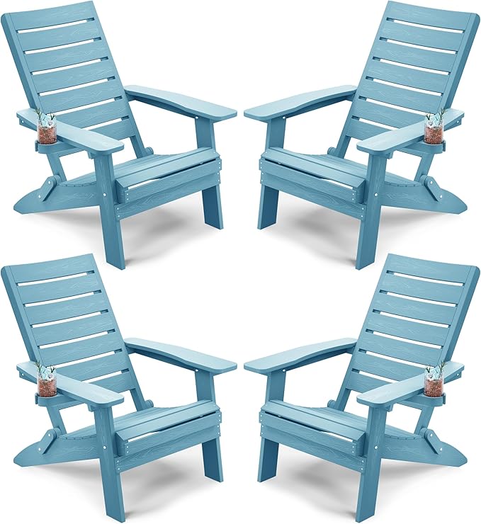 YEFU Adirondack Chair, Folding Adirondack Chairs Set of 4 with Arc Back & Cup Holder, Weather Resistant Plastic Oversized Chair for Outdoor Patio Lawn Garden Backyard Deck Fire Pit, Blue