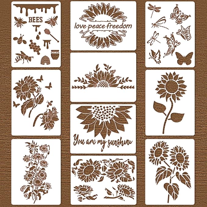 Sunflower Stencils Large Kit 10 Pieces Flower Butterflies Bee Painting Stencil 11 in You are My Sunshine Reusable Plastic Template for Door Wood Wall Canvas Home Decoration