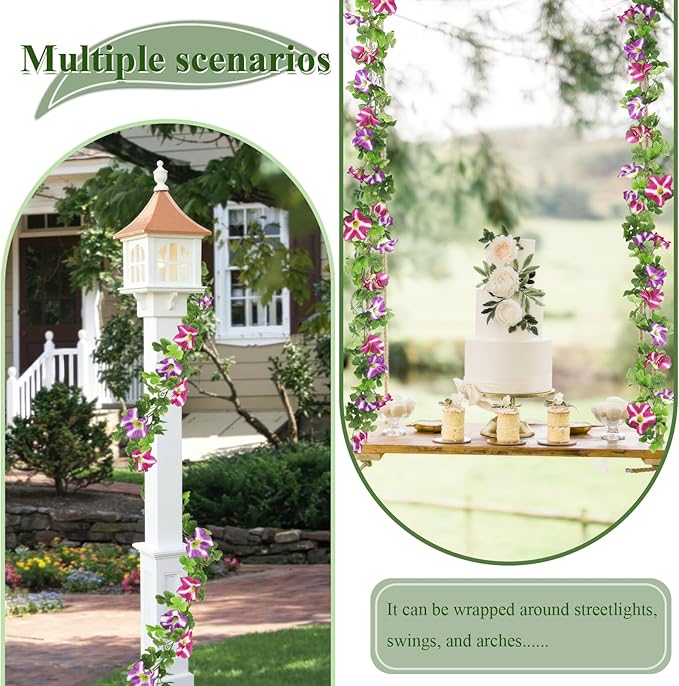 2 Pcs Artificial Flowers Vines Outdoors Silk Petunias Garland Purple Fuchsia Spring Flowers Garland for Mantle 11 FT Fake Morning Glory Hanging Vines for Mailbox Fence Wedding Banquet Decor