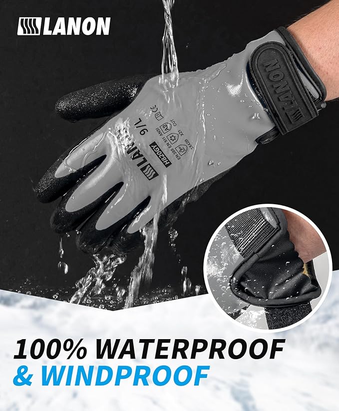 LANON Waterproof Winter Work Gloves, Double Latex Coated, Thermal Insulated Freezer Gloves for Cold Weather, Heavy Duty, Non-Slip Grip, Wrist Closure, Grey,XL