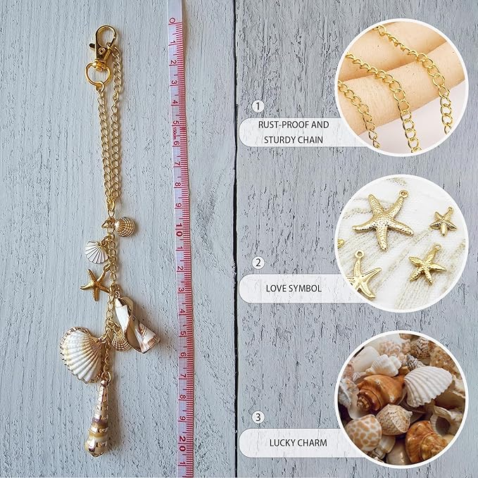 Sea Shells Car Decor,Cute Coastal Hanging Charm for Rear View Mirror, Boho Beach Themed Car Accessories,Hand-Made Starfish Conchas Aesthetic Ornament Pendant for Women