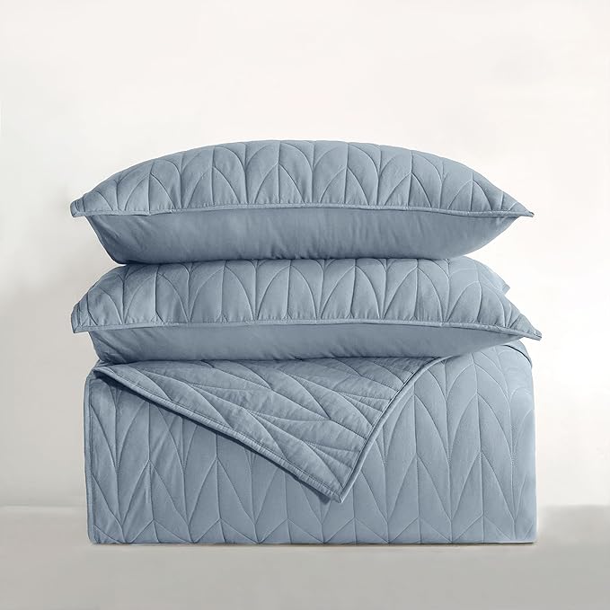 Wonderful 100% Cotton Blue Quilt Set King Size,200 GSM Cotton Fill Comforter,Pre-Washed 3 Piece Ultra Soft Lightweight Bedspread with Pillow Shams,Stitching Geometric Pattern Modern Style