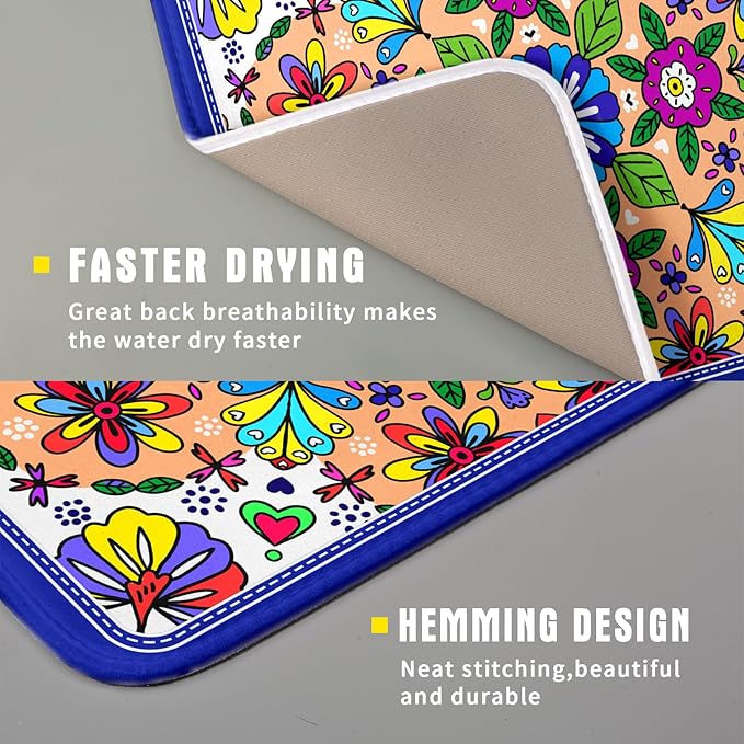 Mexican Talavera Dish Drying Mat Navy Blue Microfiber Dish Drain Pad for Kitchen Decor
