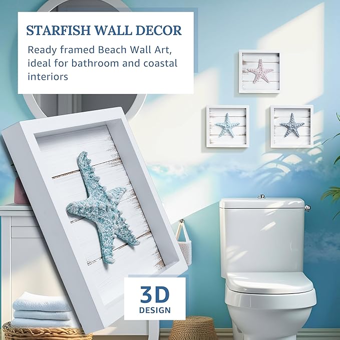Tide and Tales 3D Starfish Wall Art (Framed Set of 3) Coastal Theme Wall Hanging Decoration for Bathroom or Tropical Bedroom, Ocean Inspired Seashell Decor for Home or Beach House (7"x 7")