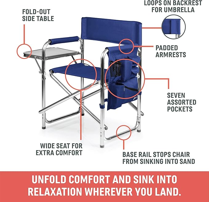 PICNIC TIME Sports Chair with Side Table, Outdoor Foldable Padded Adult Camping Chairs with Cup and Accessory Panel for Lawn, Beach, & Sports Use for Adults, up to 300-lbs Capacity, (Black)