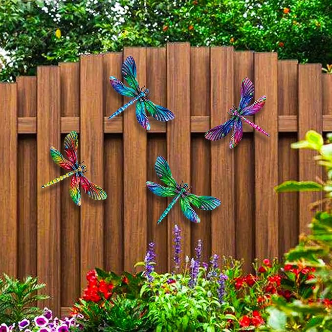 SUNREEK Metal Dragonfly Wall Decor, 9 Inches Dragonfly Outdoor Wall Art for Fence Garden Yard Patio Decorations