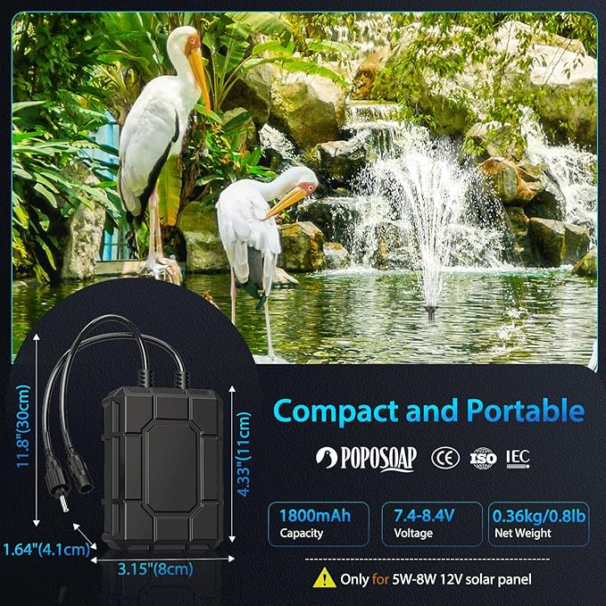 POPOSOAP 1800mAh Battery Backup for Solar Fountain Pump, 7.4V-8.4V Battery Backup for 6W/6.5W/8W Solar Water Fountain Pump Kit(Not Included Solar Fountain)