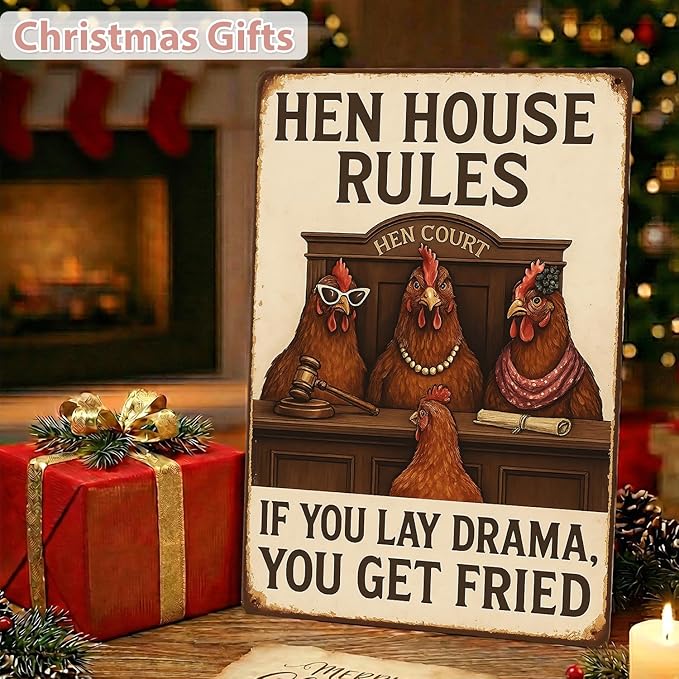 MAMAGIFTREE Chicken Coop/Kitchen Metal Sign Funny Christmas Gifts, “Hen House Rules - If You Lay Drama You Get Fried”, 8x12 Inches Vintage Tin Sign, Farmhouse Wall Decor, Gifts for Chicken Lovers