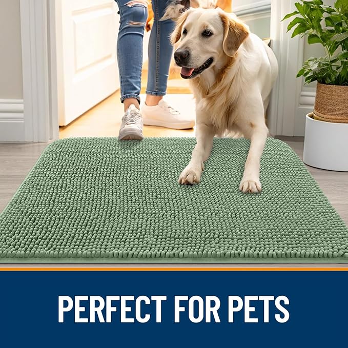 OLANLY Dog Door Mat for Muddy Paws 40x32, Absorbs Moisture and Dirt, Absorbent Non-Slip Washable Doormat, Quick Dry Chenille Mud Mat, Entry Indoor Entryway Carpet for Inside Floor, Olive Green