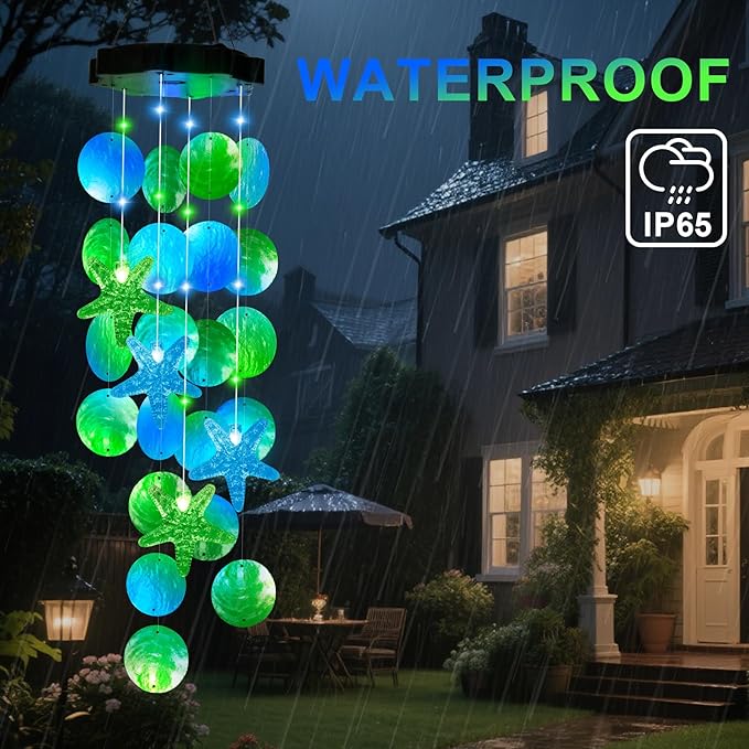 Solar Starfish Wind Chimes for Outside Mobile Shells Wind Chimes Hanging Decorative Lights for Holiday Garden Porch Yard Window Party Outdoor Decor, Gift for Mom Grandma Wife Girlfriend Neighbors