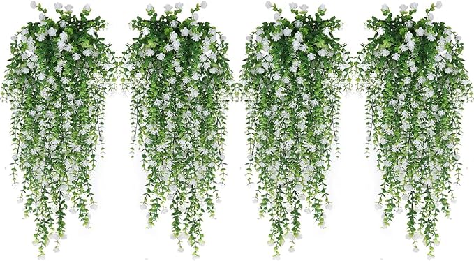 WEISPARK Artificial Hanging Flowers, 12pcs Fake Eucalyptus Vine Faux Flower Greenery Garland Plastic Plants for Indoor Outdoor Wall Garden Wedding Home Party Decor (12pcs White)