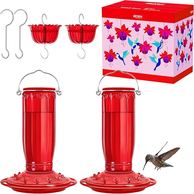 iBorn Hummingbird Feeders for Outdoors Hanging with Ant Moat for Hummingbird Feeder Glass 12 Ports for 16oz Hummingbird Nectar, Red Glass, Pack of 2