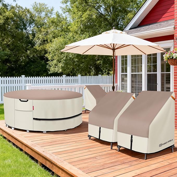 Porch Shield Patio Chair Covers - Waterproof Outdoor Lounge Deep Seat Lawn Chair Cover 2 Pack - 30W x 33D x 34H inch, Light Tan & Khaki