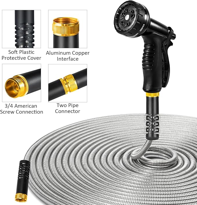 Garden Hose 50 FT, Stainless Steel Heavy Duty Water Hose With 10 Function Nozzles, Flexible No-Kink, Pet-Proof, Puncture-Proof Rust-Proof for Yard, Outdoors