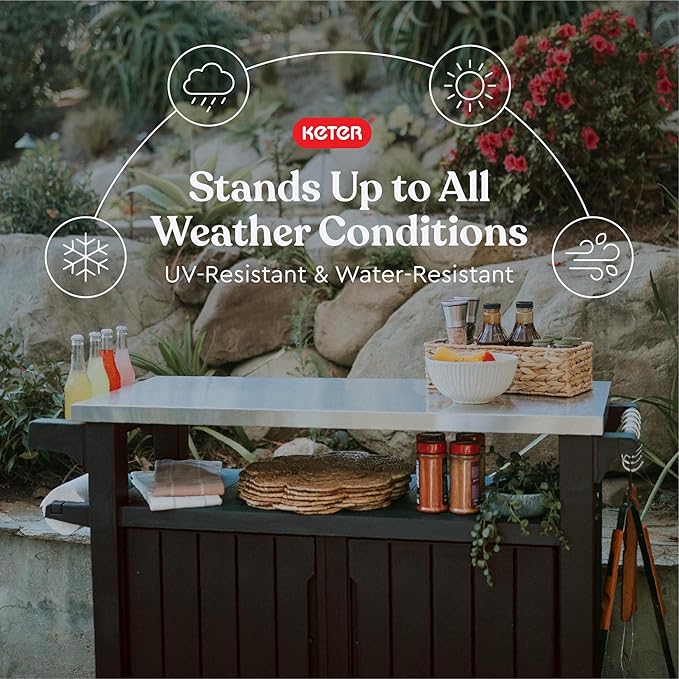 Keter Outdoor Rolling Table Cart for Food Prep, Storage, Bar & Grill, Dark Brown - Portable Kitchen Island Tabletop with Wheels for Drinks, Snacks, and Cooking