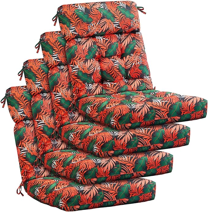 Barydat 4 Pcs Tufted High Back Chair Cushion Indoor Outdoor Seat and Back Cushions Palm Leaves Tropical Plants Lawn Rocking Chair Pads with Ties for Adirondack Patio Garden(Orange Green)