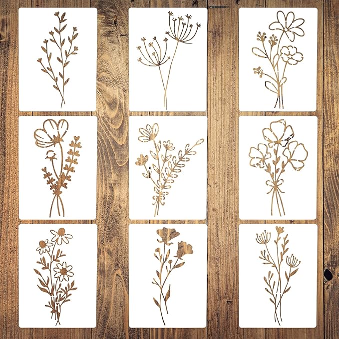 Stencils for Painting on Wood, 9Pcs Flower Stencils for Painting, Reusable Stencils for Painting, Wildflowers Stencil, Drawing Stencil for Painting on Wood, Wall, Furniture