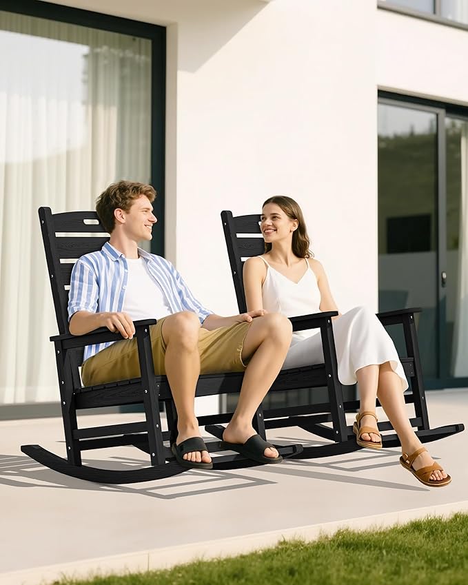 SERWALL Outdoor Rocking Chair Set of 4, Oversized HDPE Patio Rocking Chair with Footrest for Adults, All Weather Porch Rocker for Deck Patio Balcony, Black