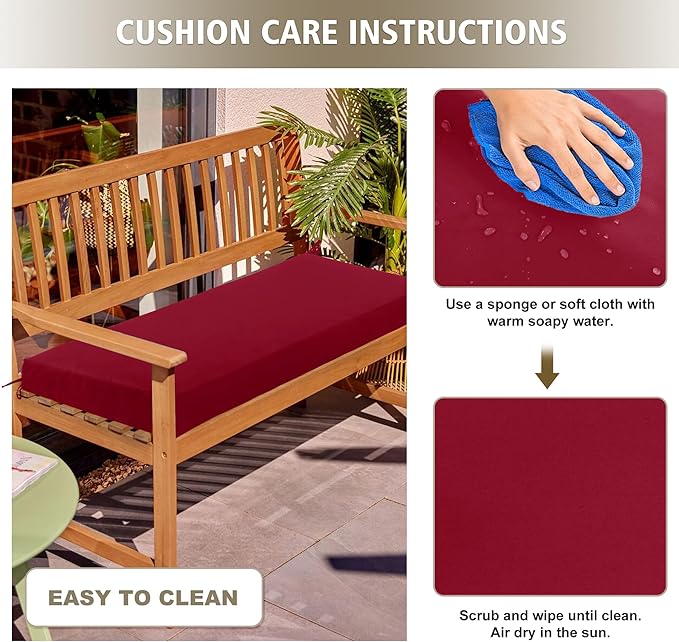 Outdoor Bench Cushion Waterproof 45"x18" – Fade-Resistant Patio Furniture Cushion with Ties for Porch Swing, Loveseat, or Indoor Bench Replacement, Burgundy