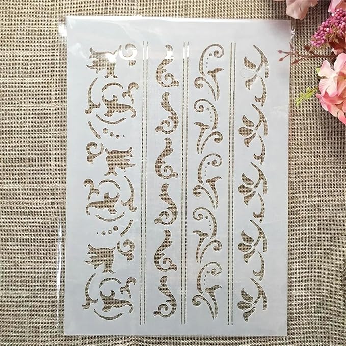 TIAMECH A4 Reusable Border Edge Corner Stencil for Painting - Furniture Floral Lines Layering Template, DIY Wall Art, Wood Furniture, Scrapbook & Crafts (8.3x11.7inch)