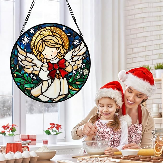 Stained Glass Window Hanging Christmas Cute Angel 6.3" - Green Plant Suncatcher Door Garden Sun Catcher Home Decor Birthday for Mom Men Woman Wife Friend Girl Nana
