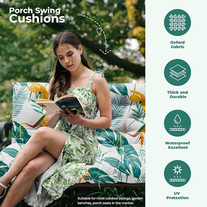 Porch Swing Cushions, Waterproof Patio Swing Cushions for Outdoor Furniture Thickened Outdoor Swing Bench Cushions 2-3 Seater Replacement with Ties for Patio Swing, Yellow-Green Leaves