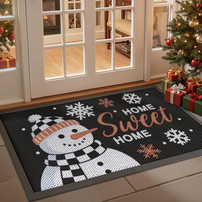 DEXI Christmas Front Door Mat Outside Entrance, 32x48 ft Winter Snowman Welcome Entryway Doormat Dirt Trapper, Heavy Duty Non Slip Entry Mats for Patio Garage Porch Home, Black White